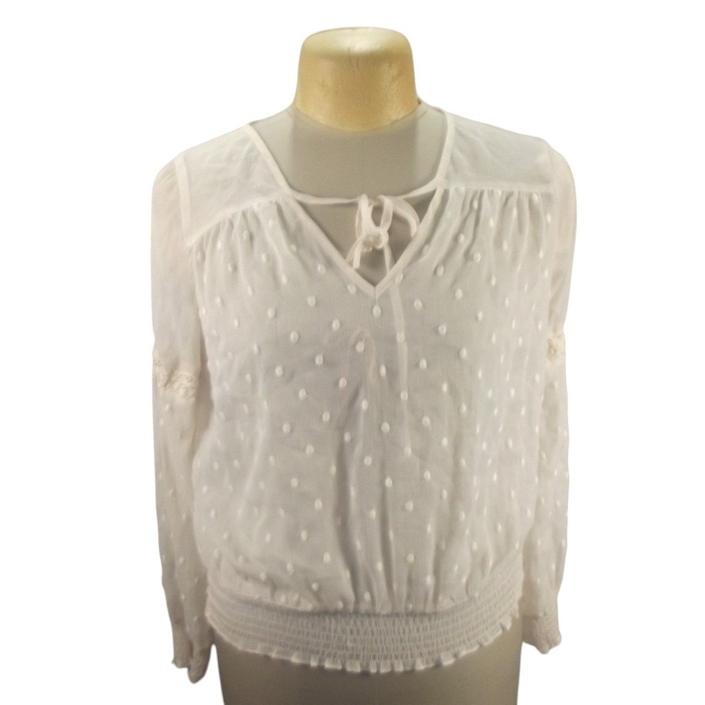 Free People Cream Swiss Dot Sheer Smocked Waist Blouse Top Lace Boho Romantic